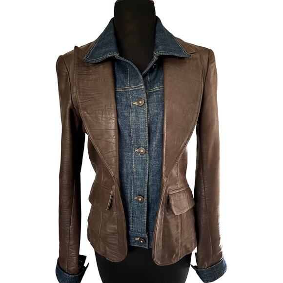 Cache Jackets & Blazers - Cache Butter Brown Leather Denim Front Button Jacket 2 for 1 Lined $298 Sz 6
